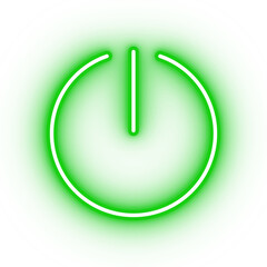 Neon green power icon, glowing power button on transparent background