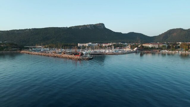 aerial photography of the seaside town of Kemer in Turkey. Dawn, drone 4k