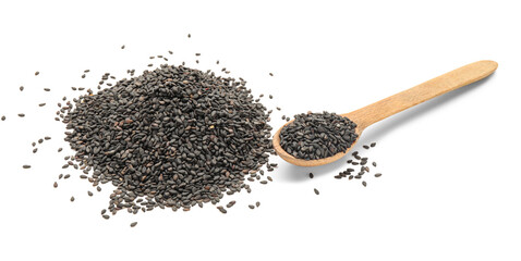 Heap of black sesame seeds on white background