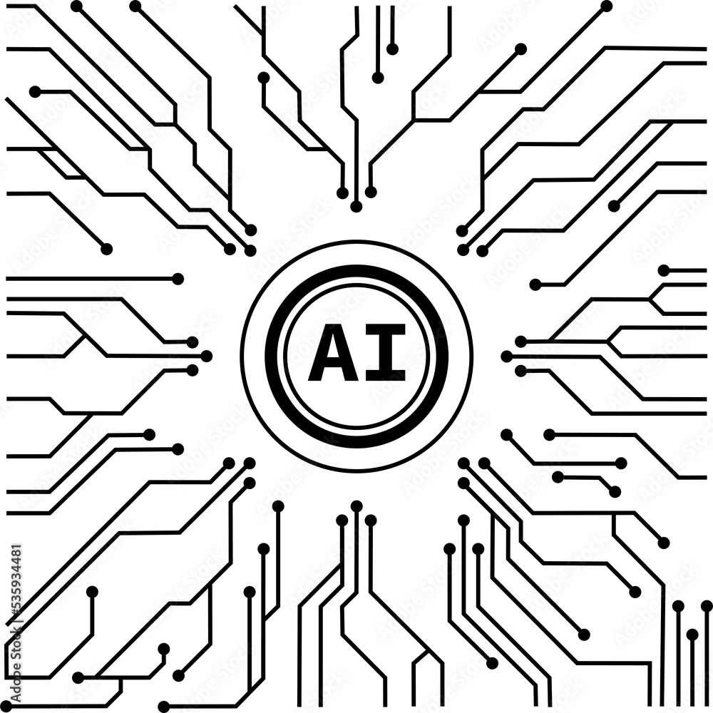 Aufkleber - in futuristic artificial intelligence design theme. Printed circuit board outline illustration for design element. Modern technology networking with ai processor