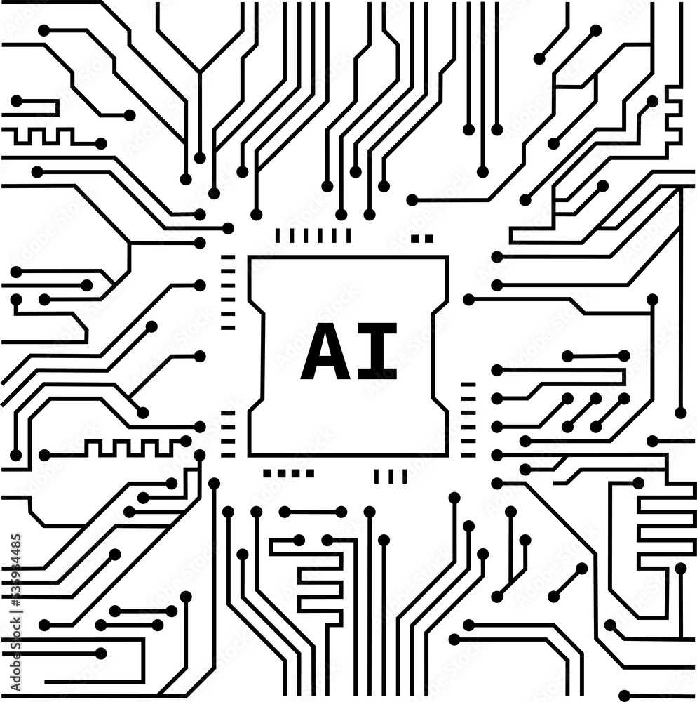 Poster - in futuristic artificial intelligence design theme. Printed circuit board outline illustration for design element. Modern technology networking with ai processor