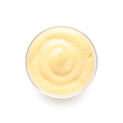 Glass of tasty vanilla pudding isolated on white background