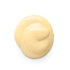 Sample of tasty vanilla pudding on white background