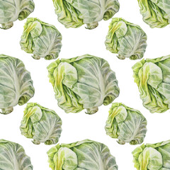 Seamless pattern watercolor head cabbage on white background. Hand-drawn vegetable meal for vegan or vegetarian. Ingredient for cooking salad. Art for cookbook kitchen or cafe. Wallpaper wrapping
