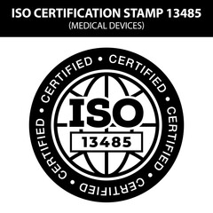 ISO stamp quality. International Organization for Standardization stamp 13485. Popular standards ISO. Medical devices certification.