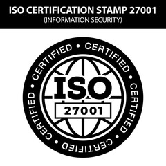 ISO stamp quality. International Organization for Standardization stamp 27001. Popular standards ISO. Information Security certification.