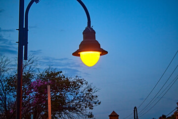 Naklejka premium yellow street light in blue hour, blue sky in san miguel de allende guanajuato 