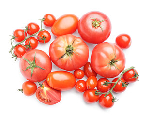 Heap of different tomatoes on white background