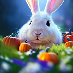 Huge white cute rabbit, green lawn, small Halloween pumpkins - 535935097