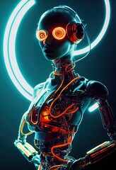 Obraz na płótnie Canvas Portrait of a futuristic female robot. An artistic abstract steampunk fantasy. Concept of a modern robot. 3d rendering