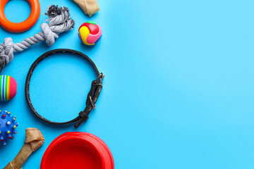 Flat lay composition with dog collar and different accessories on light blue background, space for...