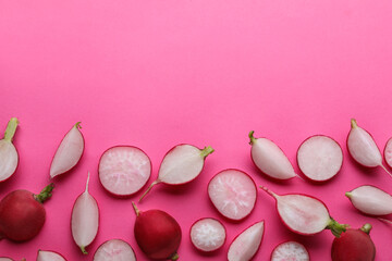 Fresh ripe radish on pink background, flat lay. Space for text
