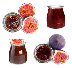 Set with glass jars of tasty sweet fig jam on white background