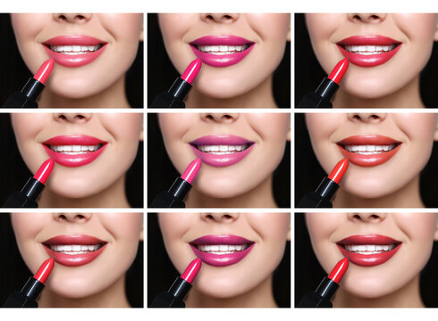 Collage with photos of woman applying different beautiful lipsticks, closeup