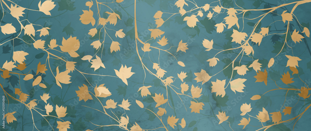 Wall mural art background with flowers and leaves on a tree branch in gold color. vector botanical pattern for 