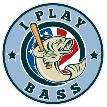  illustration of a cartoon Largemouth bass playing baseball with bat and american stars and stripes flag enclosed in circle with words "I play bass"