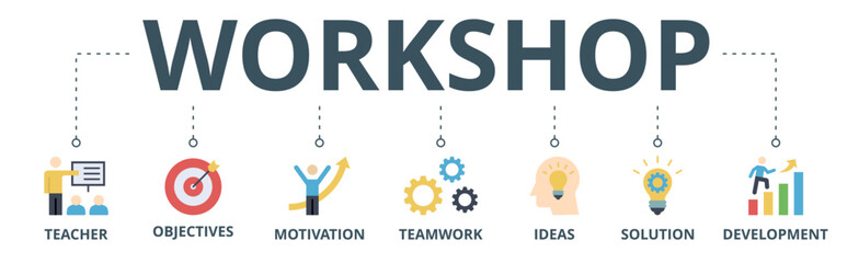Workshop banner web icon vector illustration concept with icon of teacher, objectives, motivation, teamwork, ideas, solution, and development