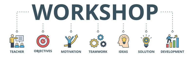 Workshop banner web icon vector illustration concept with icon of teacher, objectives, motivation, teamwork, ideas, solution, and development