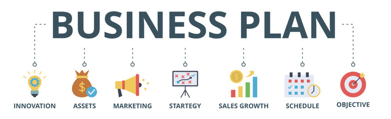 Business plan banner web icon vector illustration concept with icon of innovation, assets, marketing, strategy, sales growth, schedule, and objective