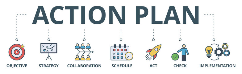 Fototapeta na wymiar Action plan banner web icon vector illustration concept with icon of objective, strategy, collaboration, schedule, act, launch, check, and implementation