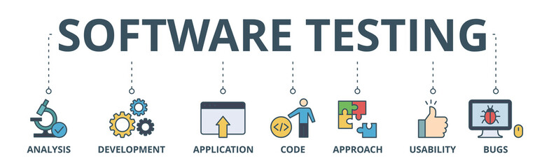 Software testing banner web icon vector illustration concept with icon of analysis, development, application, code, approach, usability, and bugs