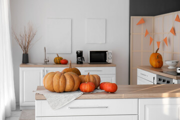 Halloween pumpkins on counter in modern kitchen