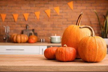 Halloween pumpkins on counter in kitchen, closeup