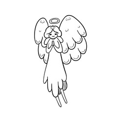 Cute doodle praying angel. Hand drawn vector outline illustration. Perfect for greeting cards, print, textile designs, holiday designs.