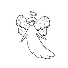 Cute doodle angel with halo. Hand drawn vector outline illustration. Perfect for greeting cards, print, textile designs, holiday designs.