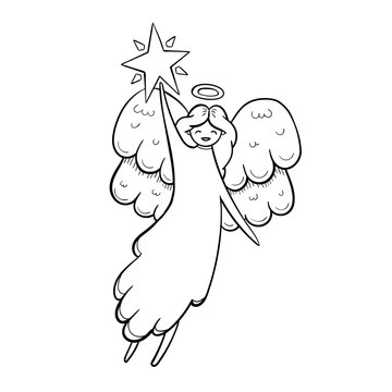 recommend clip art: Cute doodle angel with star. Hand drawn vector outline illustration. Perfect for greeting cards, print, textile designs, holiday designs.