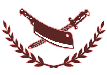 illustration of a butcher's knife and blade sharpener isolated on white