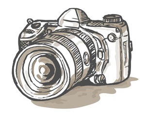 hand sketch drawing illustration of a digital SLR camera - obrazy, fototapety, plakaty