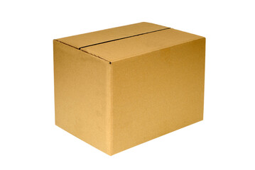Plain brown cardboard box photo transparent background isolated side corner view PNG file