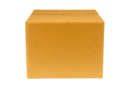 Plain brown cardboard box photo transparent background isolated front side view PNG file