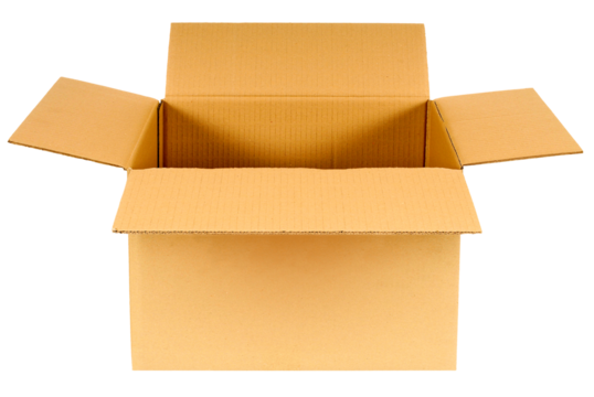 Plain brown cardboard box top open photo transparent background isolated PNG file