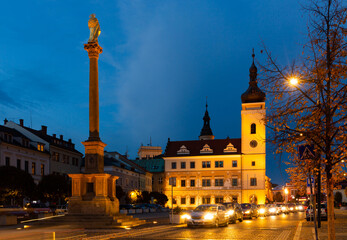 Obraz premium Evening illumination on the streets of city Mlada-Boleslav. Czech Republic