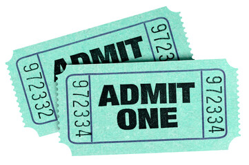 Two old retro vintage green admit one tickets movie concert isolated transparent background photo...