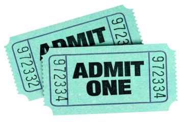 Two old retro vintage green admit one tickets movie concert isolated transparent background photo PNG file