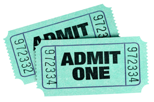 Two old retro vintage green admit one tickets movie concert isolated transparent background photo PNG file