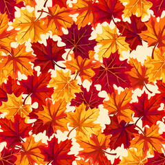Naklejka na ściany i meble Autumn seamless pattern with red, orange, and yellow maple leaves. Vector illustration
