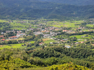 Aerial view of village and small town of Tambunan, Sabah, Malaysia.