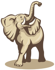 illustration of an african elephant charging attacking done in retro woodcut style