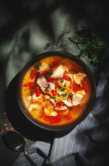 Warming autumn soup with red lentils, chicken fillet, vegetables, spices and paprika, comfort food. Green table, hard light with leaf shadows, top view