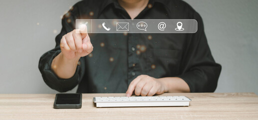 The concept of company communication. Customers are looking for company contact us information by...