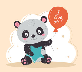 Cute panda with balloon. Asian cute animal, poster or banner for website, romantic postcard. Graphic elements for printing on Tshirt. Toy or mascot for children. Cartoon flat vector illustration