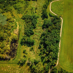 Aerial over wisconsin summer walking trail