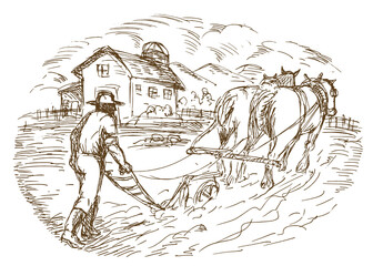 hand drawn sketched vector illustration of a Farmer and horse plowing the field with barn farmhouse
