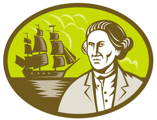  illustration of a Captain  or explorer with tall ship  or galleon in the background set inside oval done in retro style