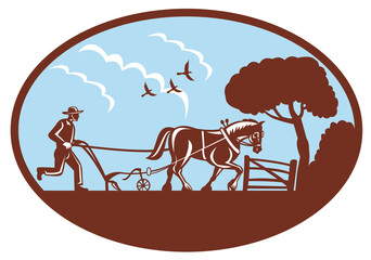 Farmer and Horse Plowing Retro