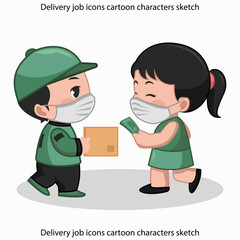 Delivery job icons cartoon characters sketch